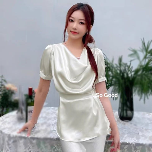 Cowl Neckline Short Sleeves Tie Tops With Skirts Sets